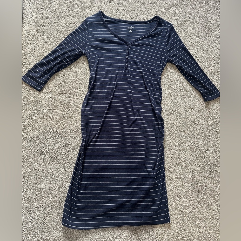 Isabel Maternity Navy and Gray Striped Ruched Dress size M